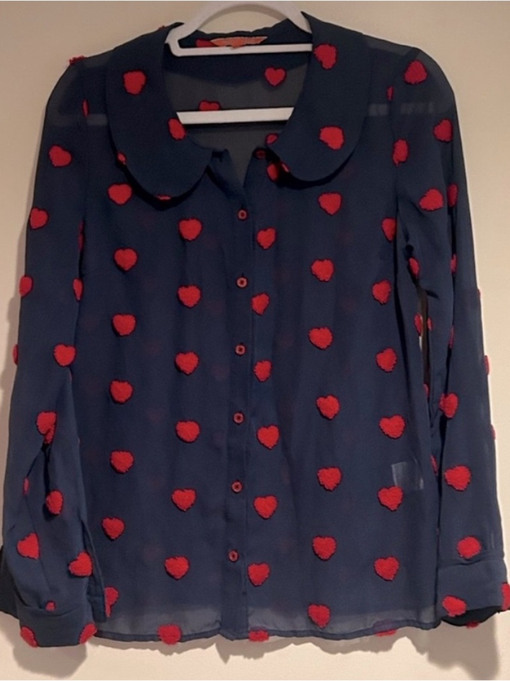 Women’s Navy Sheer Blouse with Red Heart Print